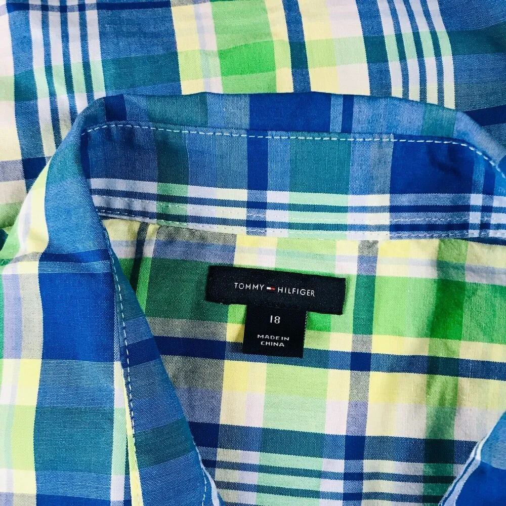 Tommy Hilfiger Boys 18 Dress Shirt Blue Green Plaid Long Sleeve Button Up BV4